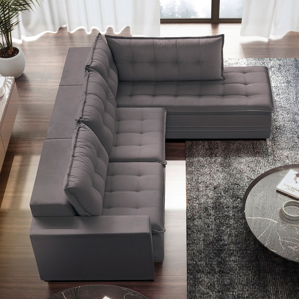Sofá 5 Lugares Presidente com Chaise Direito Veludo Cinza 296 cm