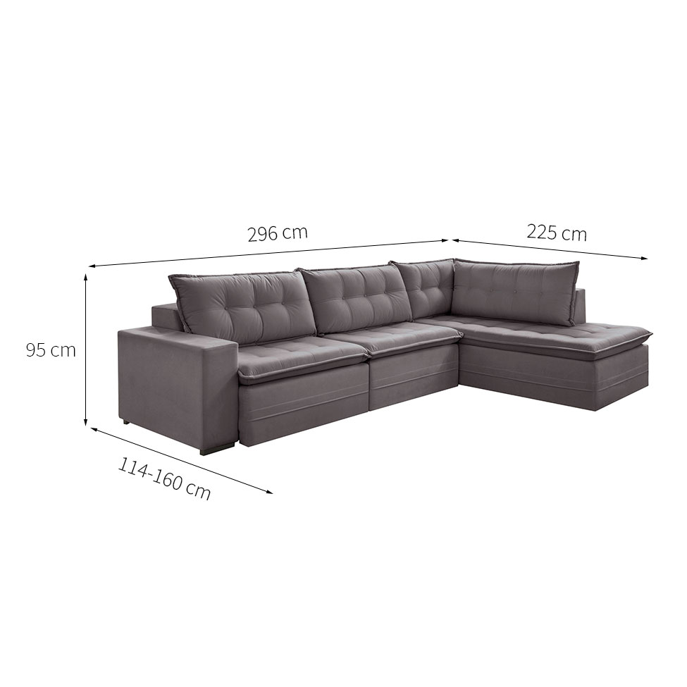 Sofá 5 Lugares Presidente com Chaise Direito Veludo Cinza 296 cm