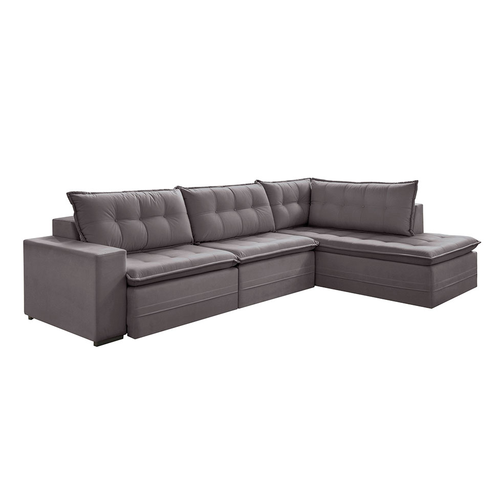 Sofá 5 Lugares Presidente com Chaise Direito Veludo Cinza 316 cm