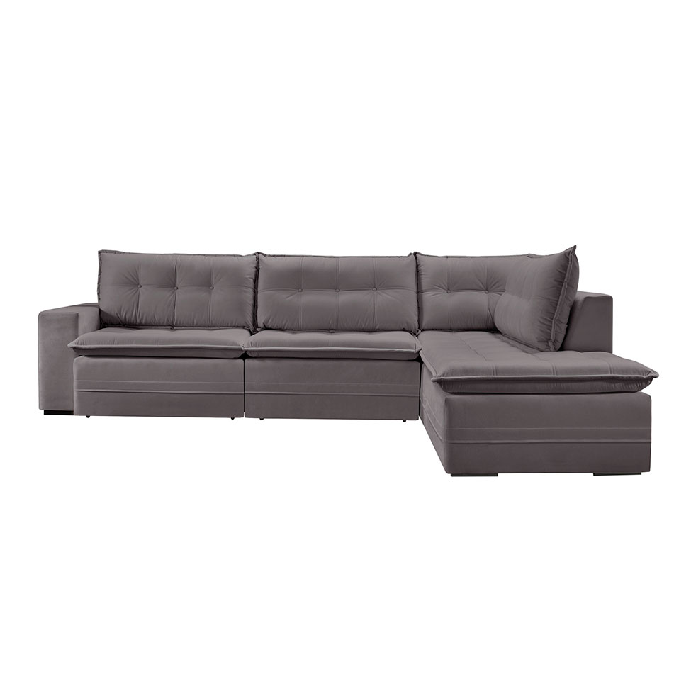 Sofá 5 Lugares Presidente com Chaise Direito Veludo Cinza 316 cm