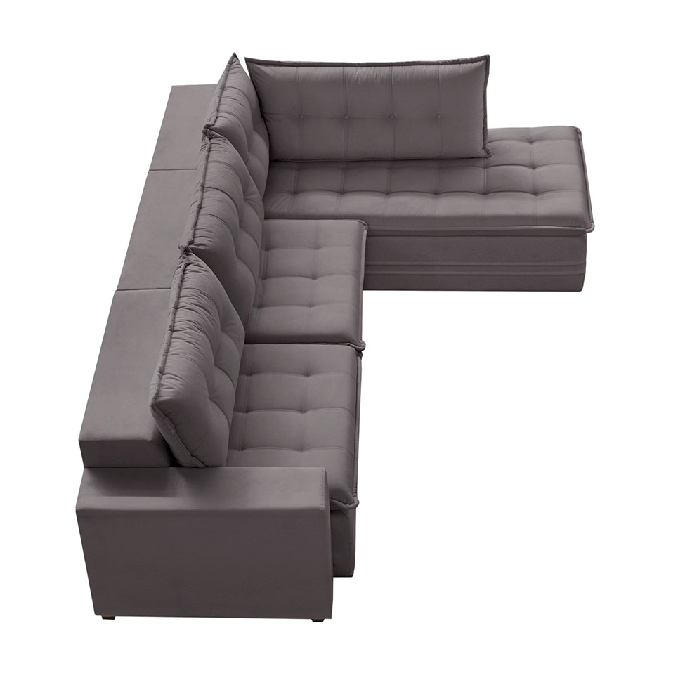 Sofá 5 Lugares Presidente com Chaise Direito Veludo Cinza 316 cm