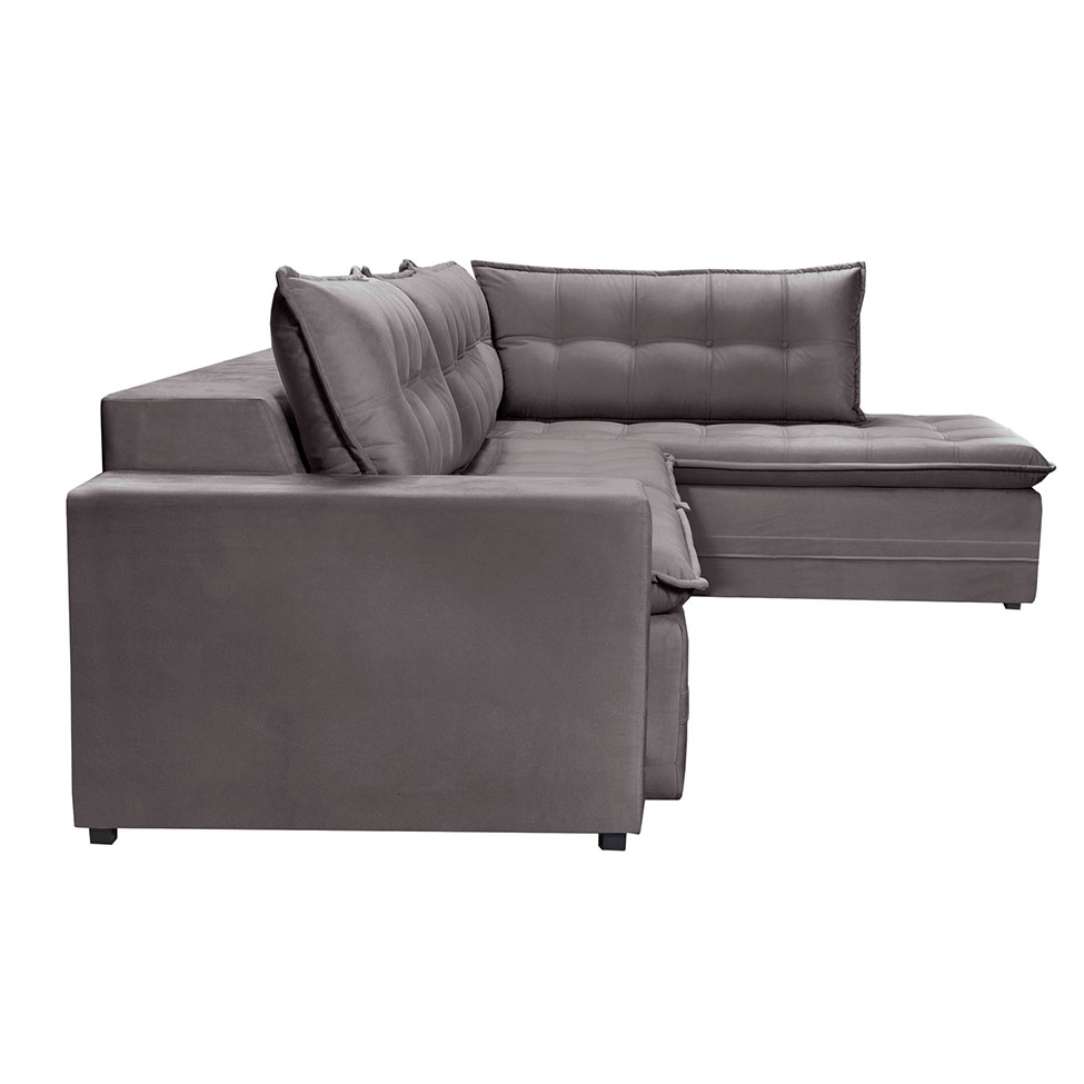 Sofá 5 Lugares Presidente com Chaise Direito Veludo Cinza 316 cm