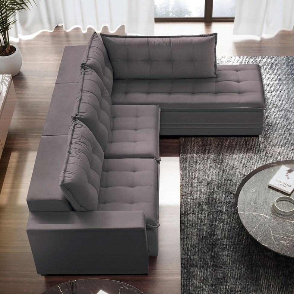 Sofá 5 Lugares Presidente com Chaise Direito Veludo Cinza 316 cm
