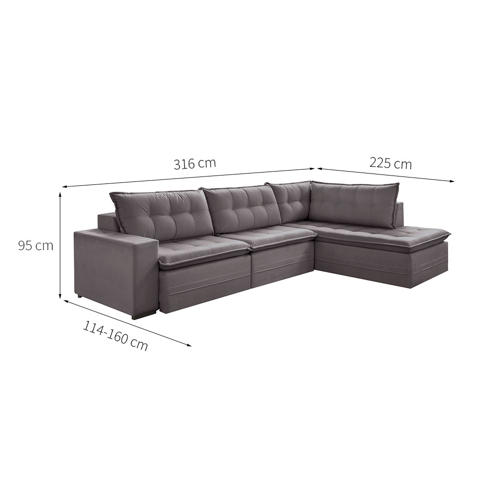 Sofá 5 Lugares Presidente com Chaise Direito Veludo Cinza 316 cm