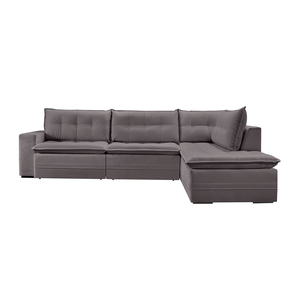 Sofá 5 Lugares Presidente com Chaise Direito Veludo Cinza 366 cm