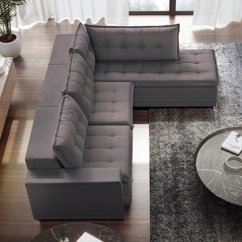 Sofá 5 Lugares Presidente com Chaise Direito Veludo Cinza 366 cm