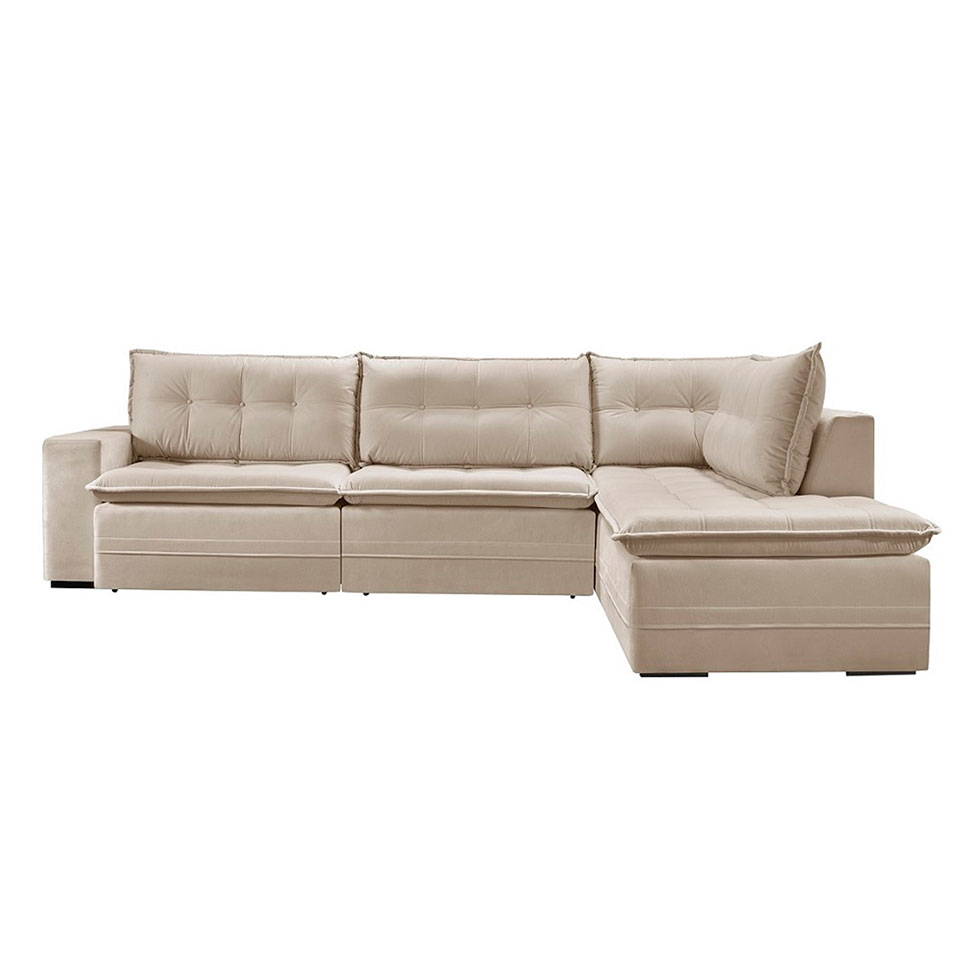 Sofá 5 Lugares Presidente com Chaise Direito Veludo Marfim 316 cm
