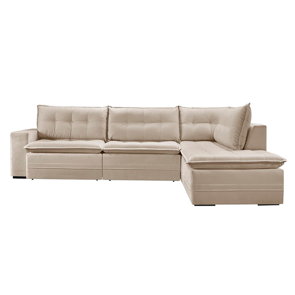 Sofá 5 Lugares Presidente com Chaise Direito Veludo Marfim 366 cm