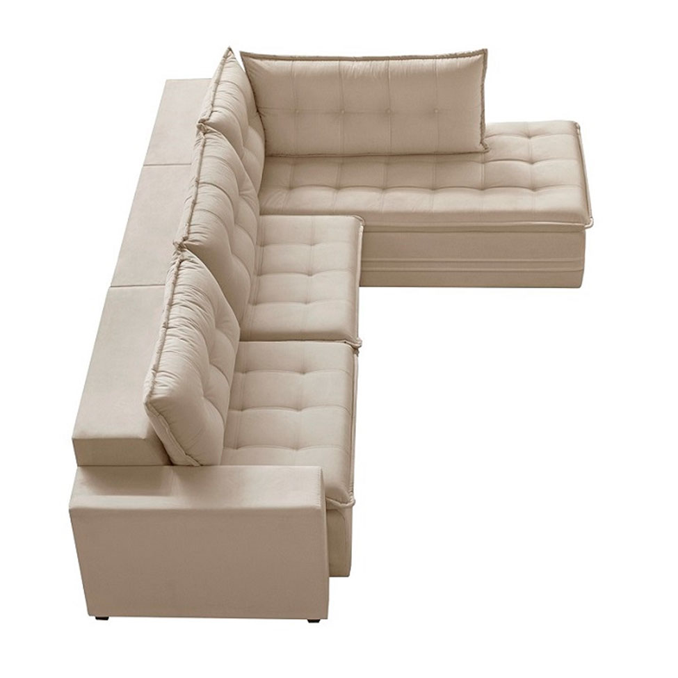 Sofá 5 Lugares Presidente com Chaise Direito Veludo Marfim 366 cm