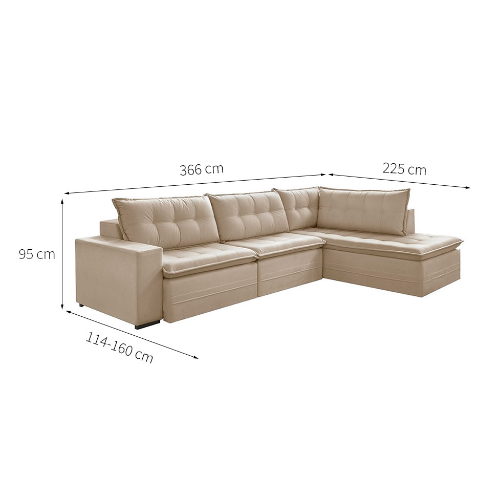 Sofá 5 Lugares Presidente com Chaise Direito Veludo Marfim 366 cm