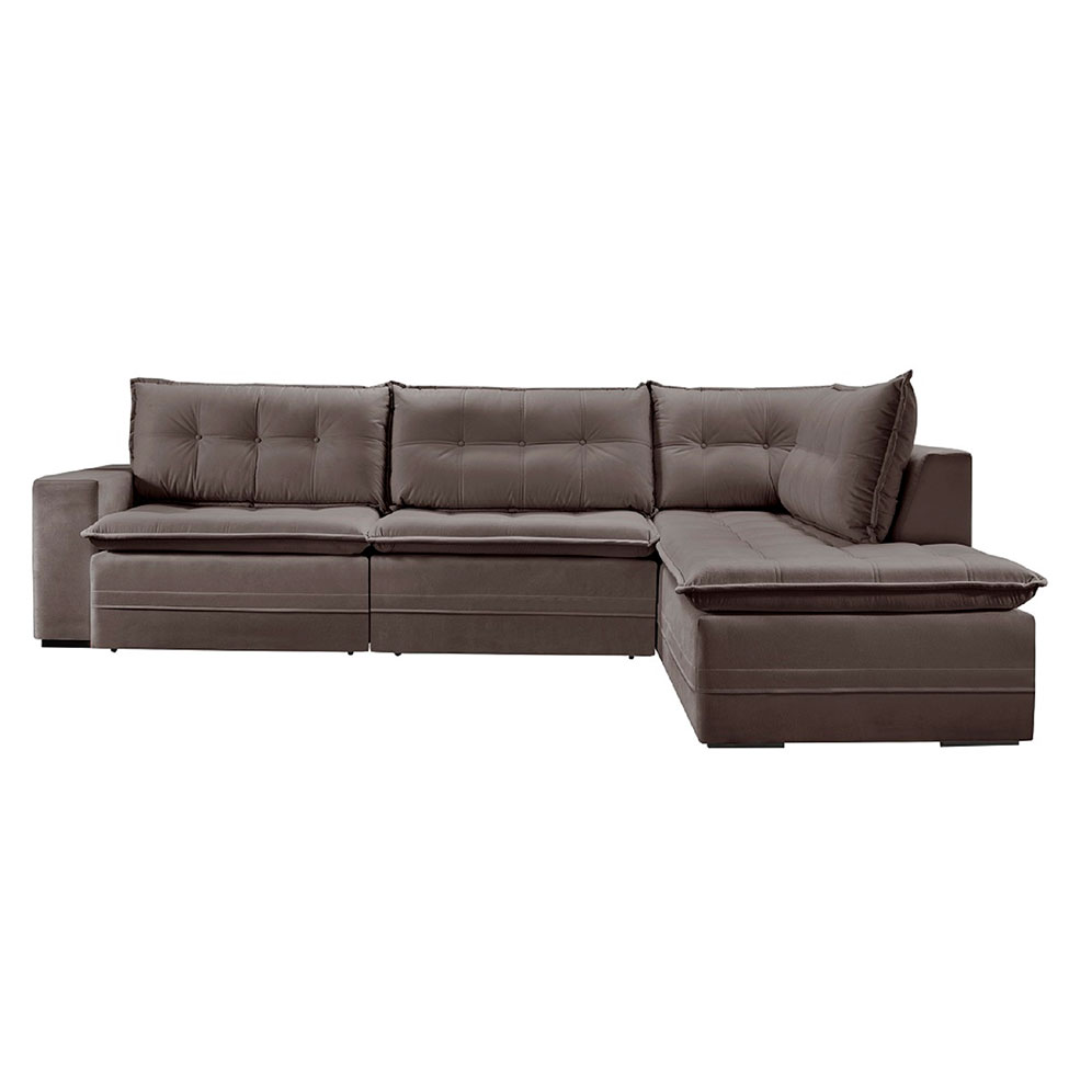 Sofá 5 Lugares Presidente com Chaise Direito Veludo Marrom Escuro 296 cm