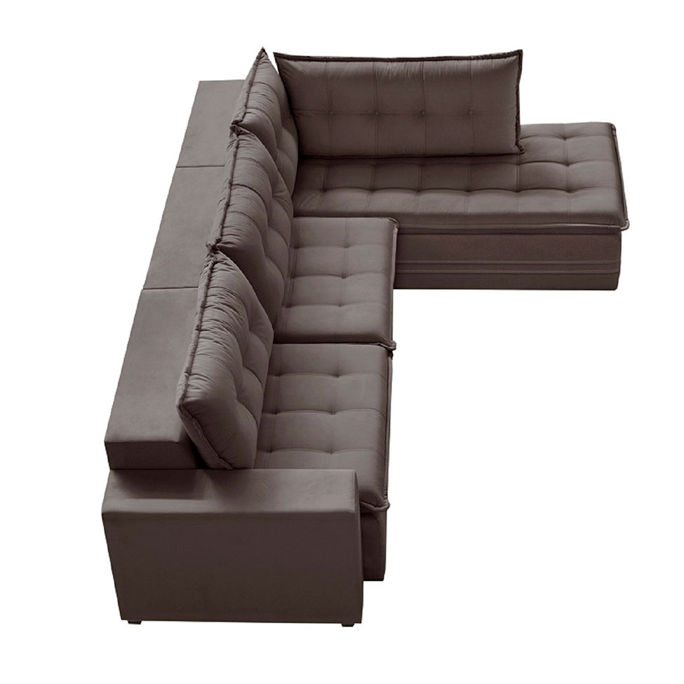 Sofá 5 Lugares Presidente com Chaise Direito Veludo Marrom Escuro 296 cm