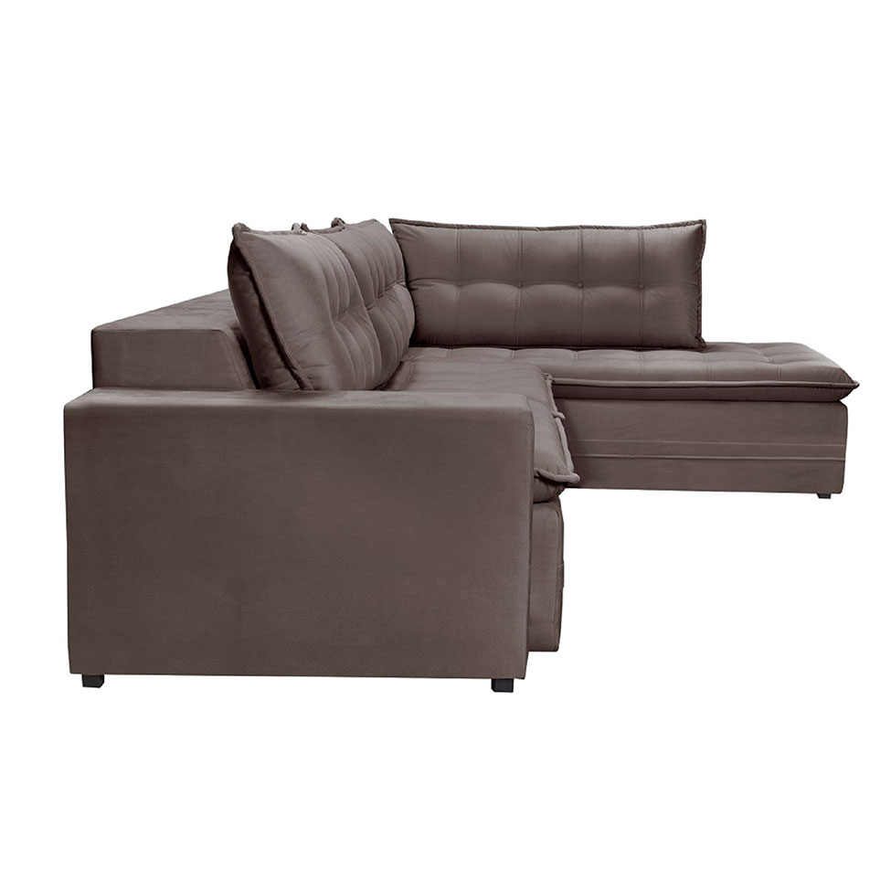 Sofá 5 Lugares Presidente com Chaise Direito Veludo Marrom Escuro 296 cm
