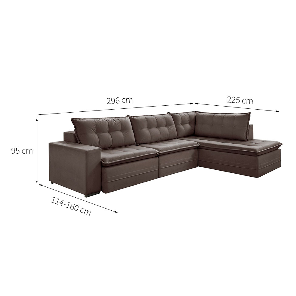 Sofá 5 Lugares Presidente com Chaise Direito Veludo Marrom Escuro 296 cm