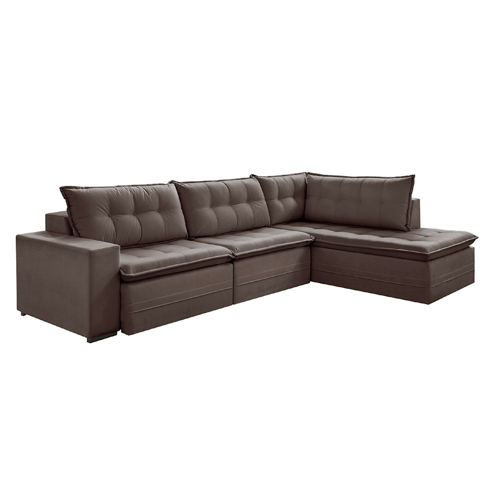Sofá 5 Lugares Presidente com Chaise Direito Veludo Marrom Escuro 316 cm