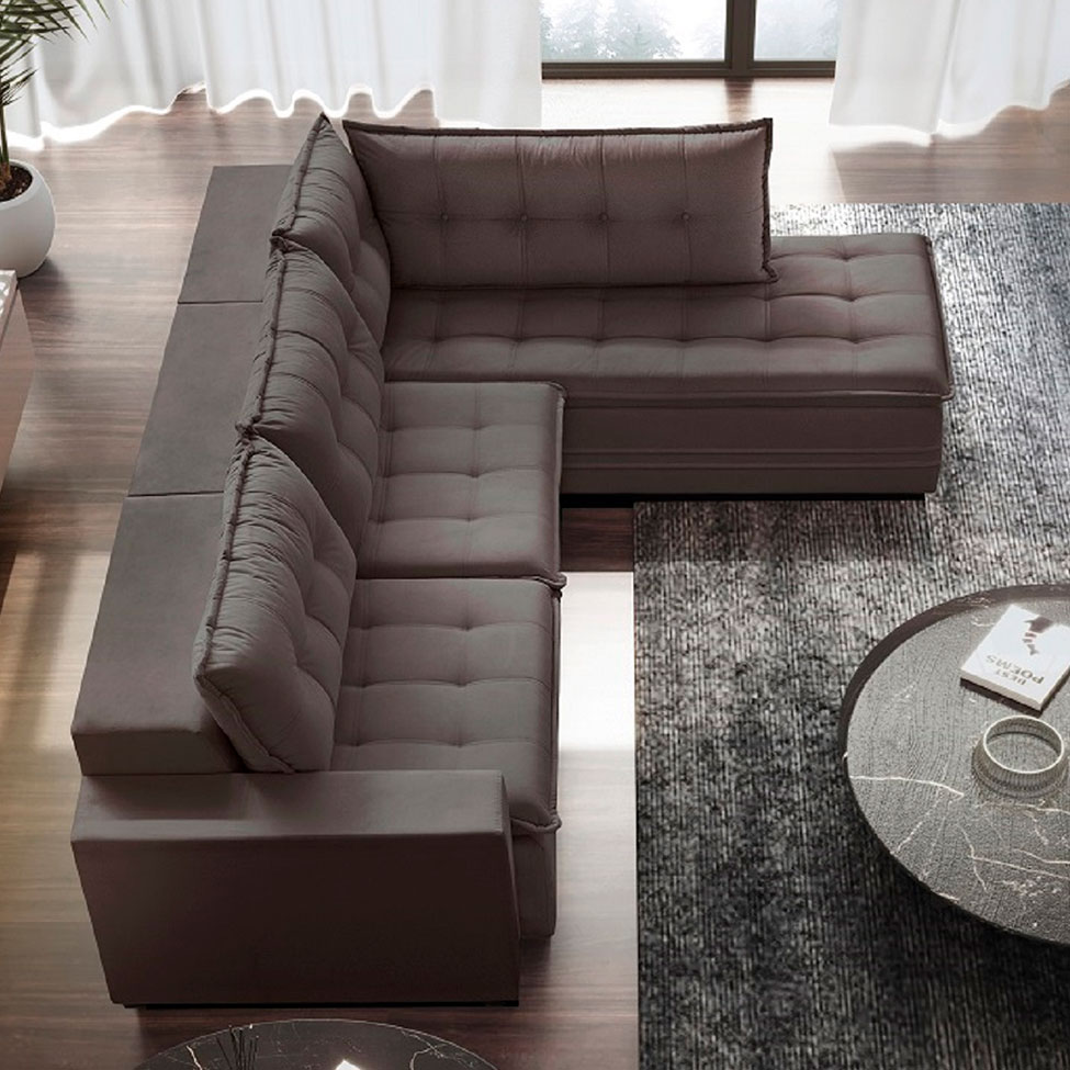 Sofá 5 Lugares Presidente com Chaise Direito Veludo Marrom Escuro 316 cm
