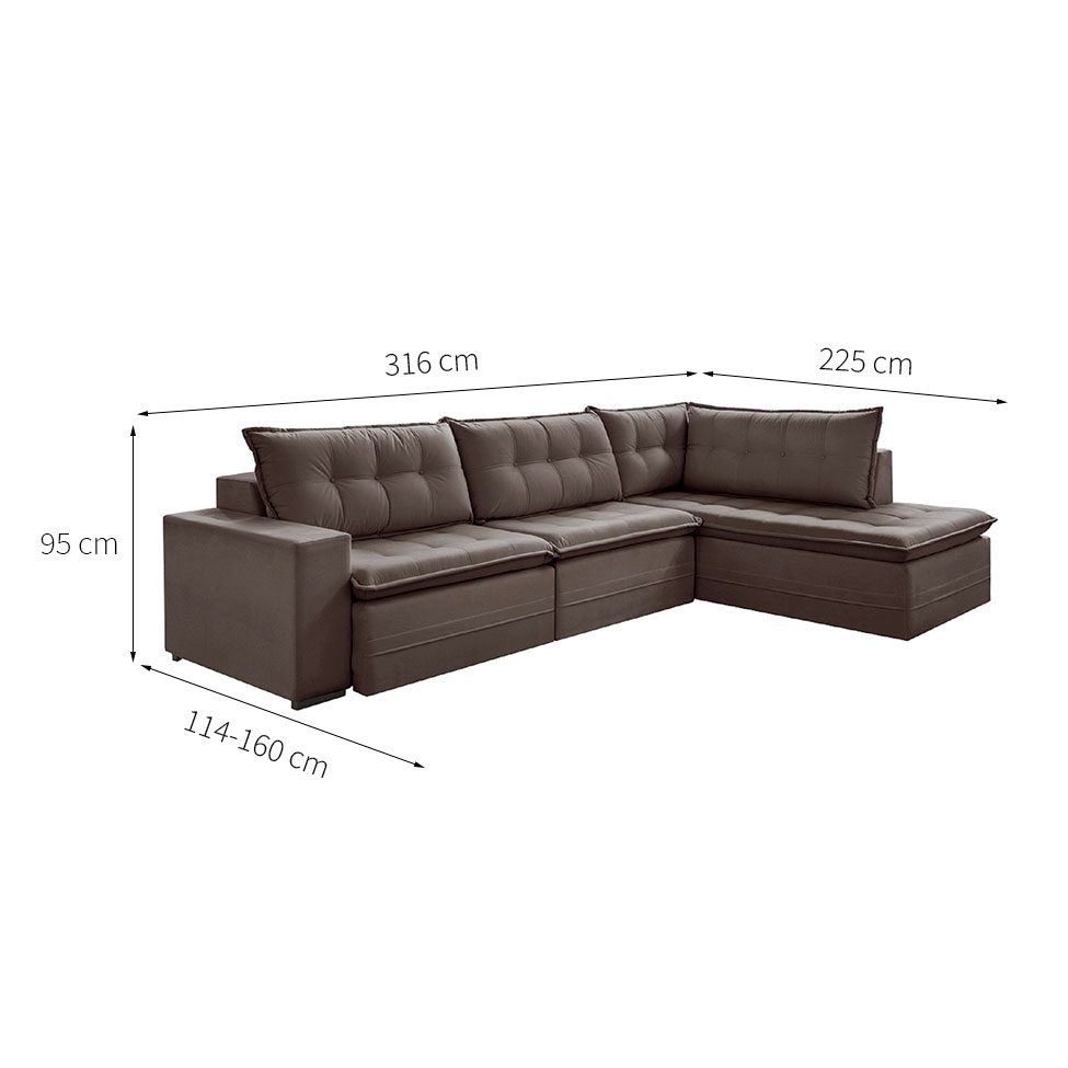 Sofá 5 Lugares Presidente com Chaise Direito Veludo Marrom Escuro 316 cm