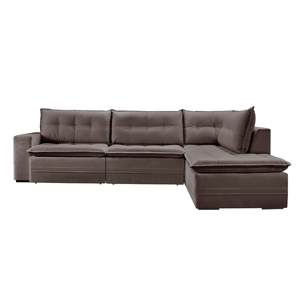 Sofá 5 Lugares Presidente com Chaise Direito Veludo Marrom Escuro 366 cm