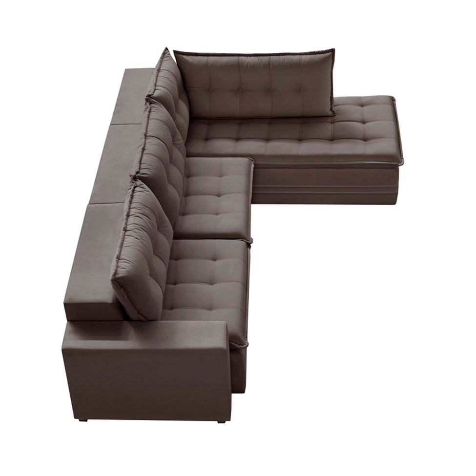 Sofá 5 Lugares Presidente com Chaise Direito Veludo Marrom Escuro 366 cm