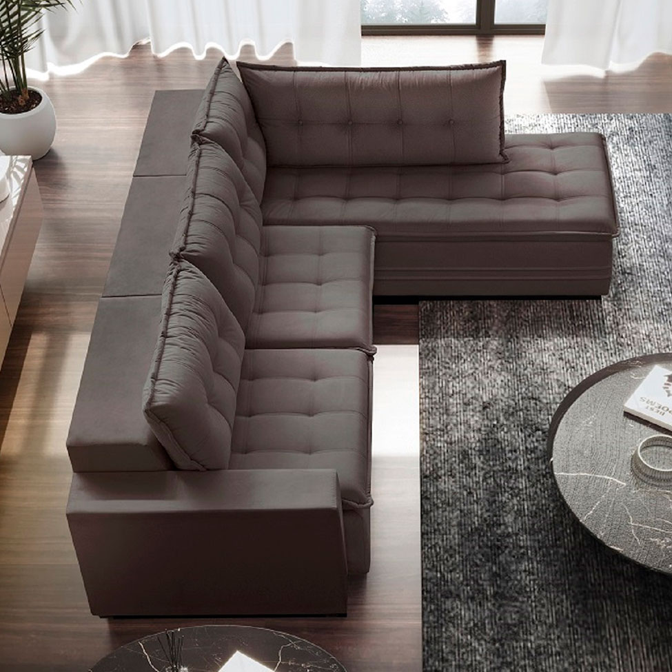 Sofá 5 Lugares Presidente com Chaise Direito Veludo Marrom Escuro 366 cm