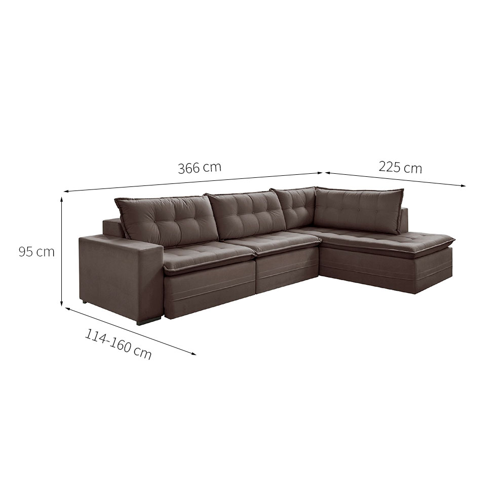 Sofá 5 Lugares Presidente com Chaise Direito Veludo Marrom Escuro 366 cm
