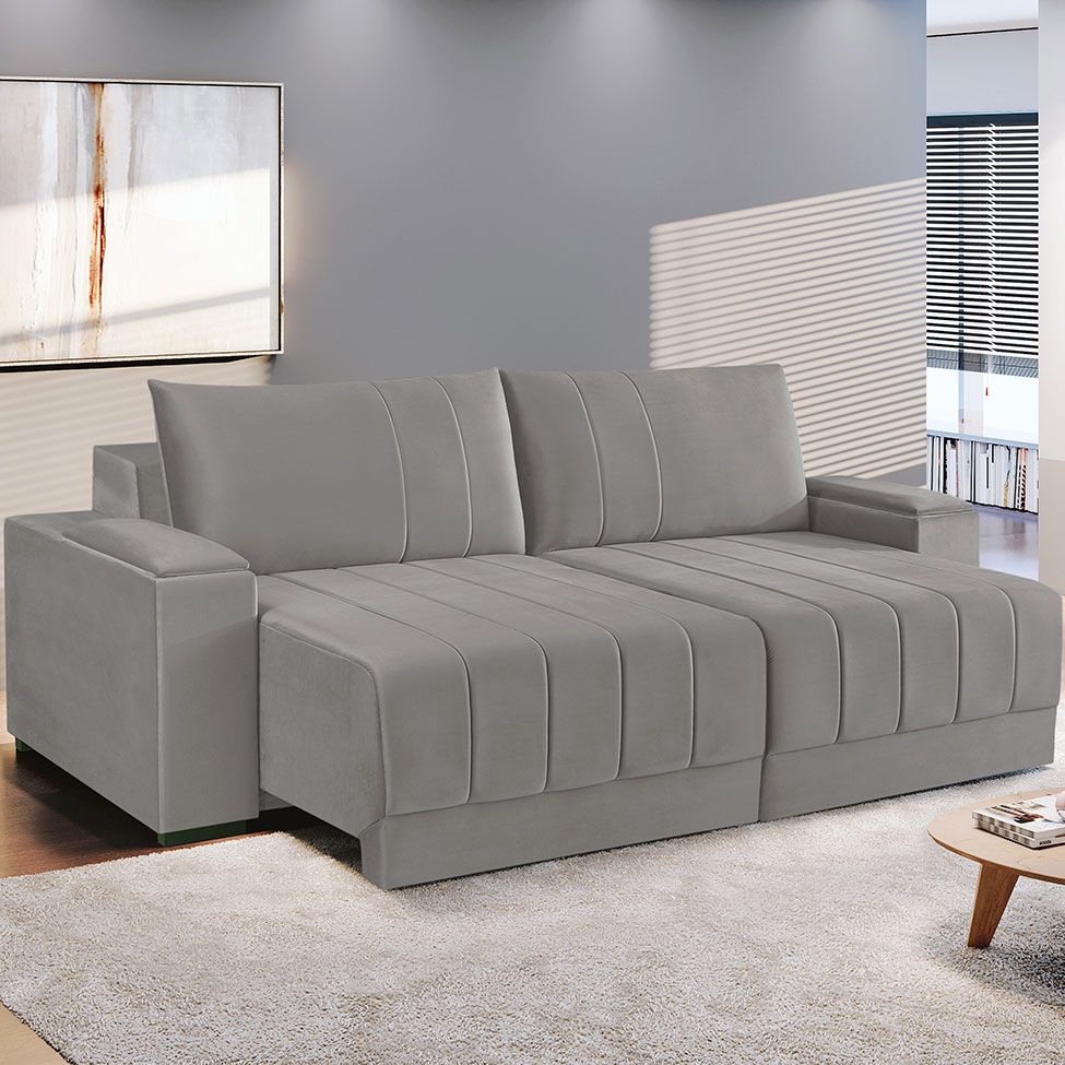 Sofá 5 Lugares Retrátil Línea Veludo Cinza Claro 290cm