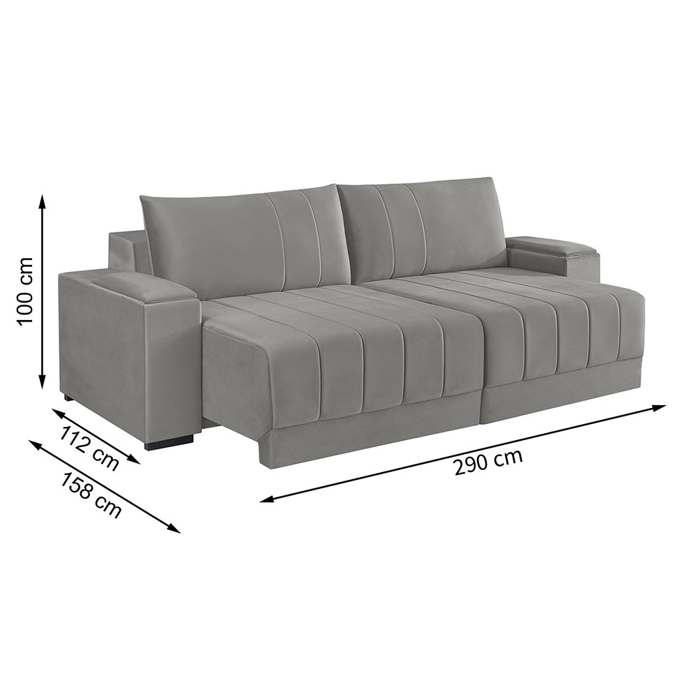 Sofá 5 Lugares Retrátil Línea Veludo Cinza Claro 290cm