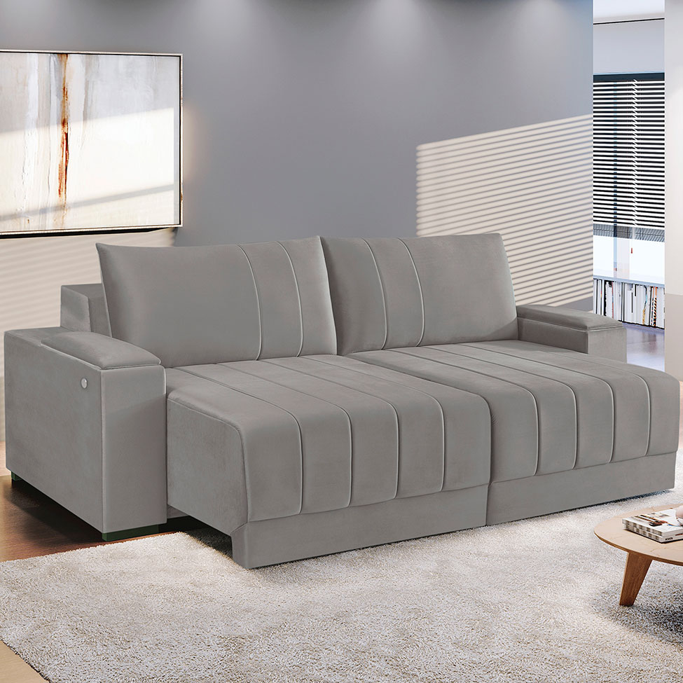 Sofá 5 Lugares Retrátil Línea com Kit USB Veludo Cinza Claro 290cm