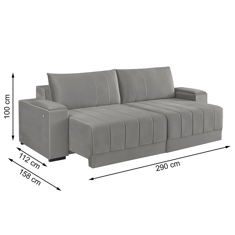 Sofá 5 Lugares Retrátil Línea com Kit USB Veludo Cinza Claro 290cm