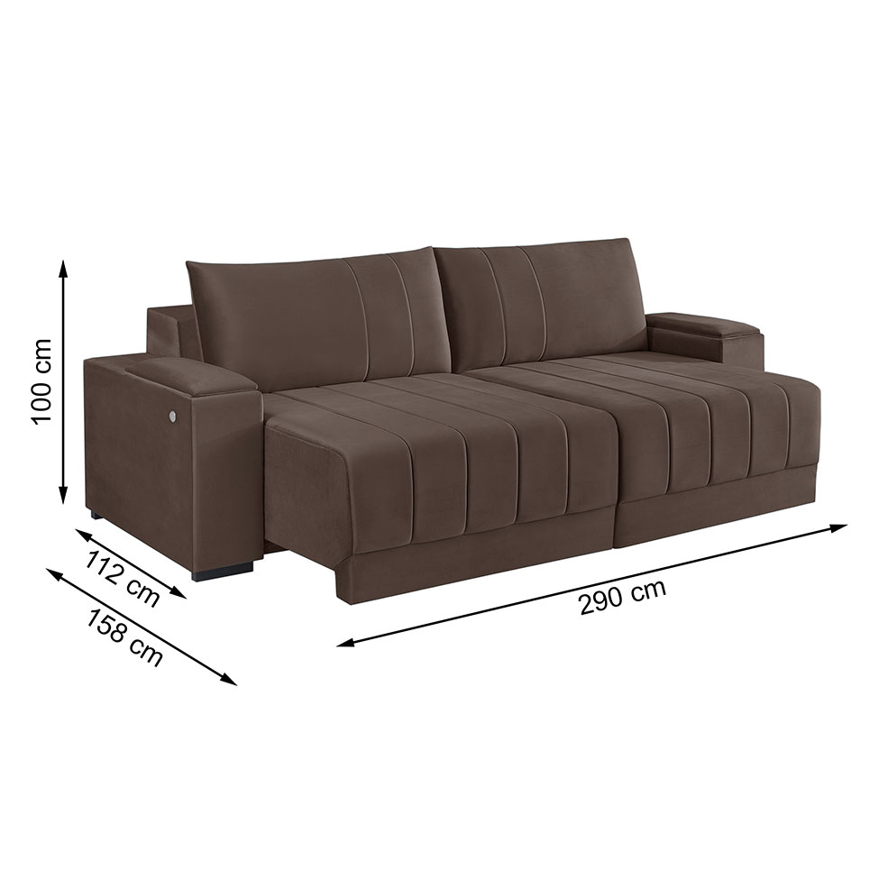 Sofá 5 Lugares Retrátil Línea com Kit USB Veludo Marrom 290cm