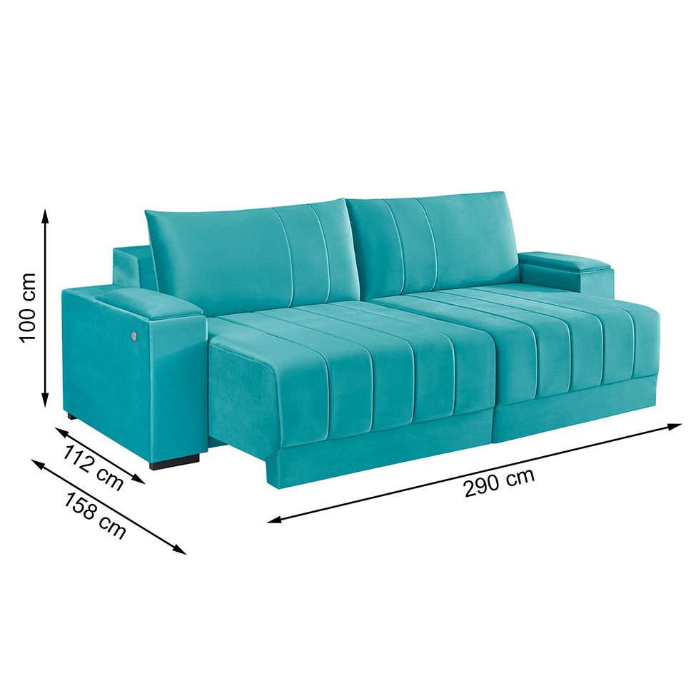 Sofá 5 Lugares Retrátil Línea com Kit USB Veludo Verde 290cm