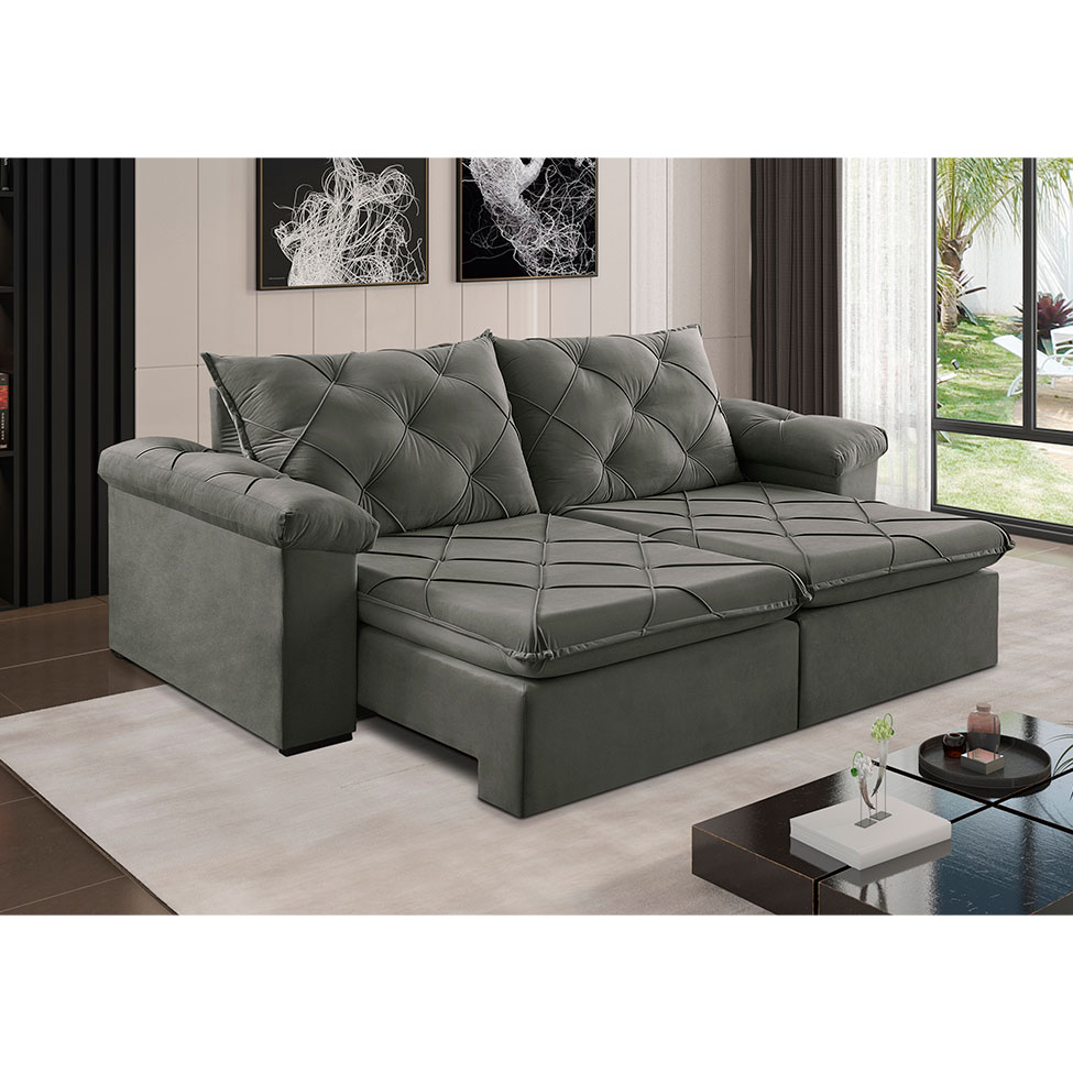 Sofá 5 Lugares Retrátil e Reclinável Astor Veludo Cinza