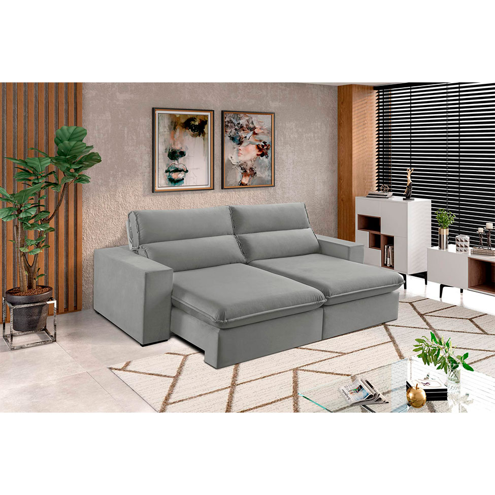 Sofá 5 Lugares Retrátil e Reclinável Free Veludo Cinza Prateado 290 cm