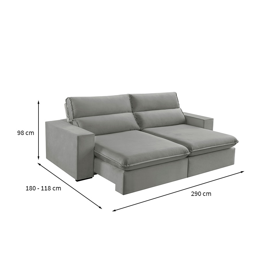 Sofá 5 Lugares Retrátil e Reclinável Free Veludo Cinza Prateado 290 cm
