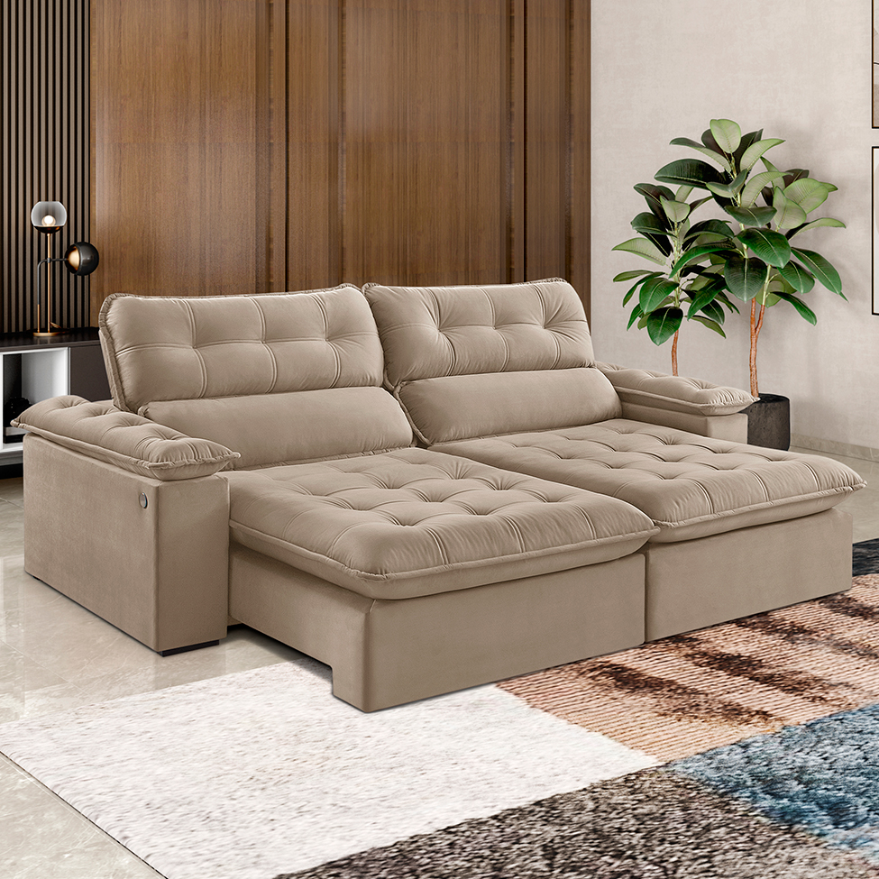 Sofá 5 Lugares Retrátil e Reclinável Jobi com USB Veludo Bege Natural 297 cm