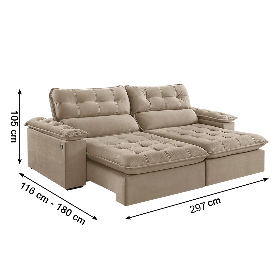 Sofá 5 Lugares Retrátil e Reclinável Jobi com USB Veludo Bege Natural 297 cm