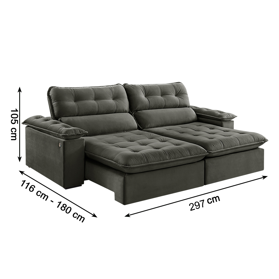 Sofá 5 Lugares Retrátil e Reclinável Jobi com USB Veludo Cinza 297 cm