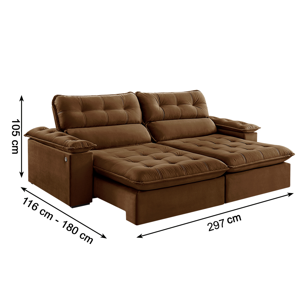 Sofá 5 Lugares Retrátil e Reclinável Jobi com USB Veludo Marrom 297 cm