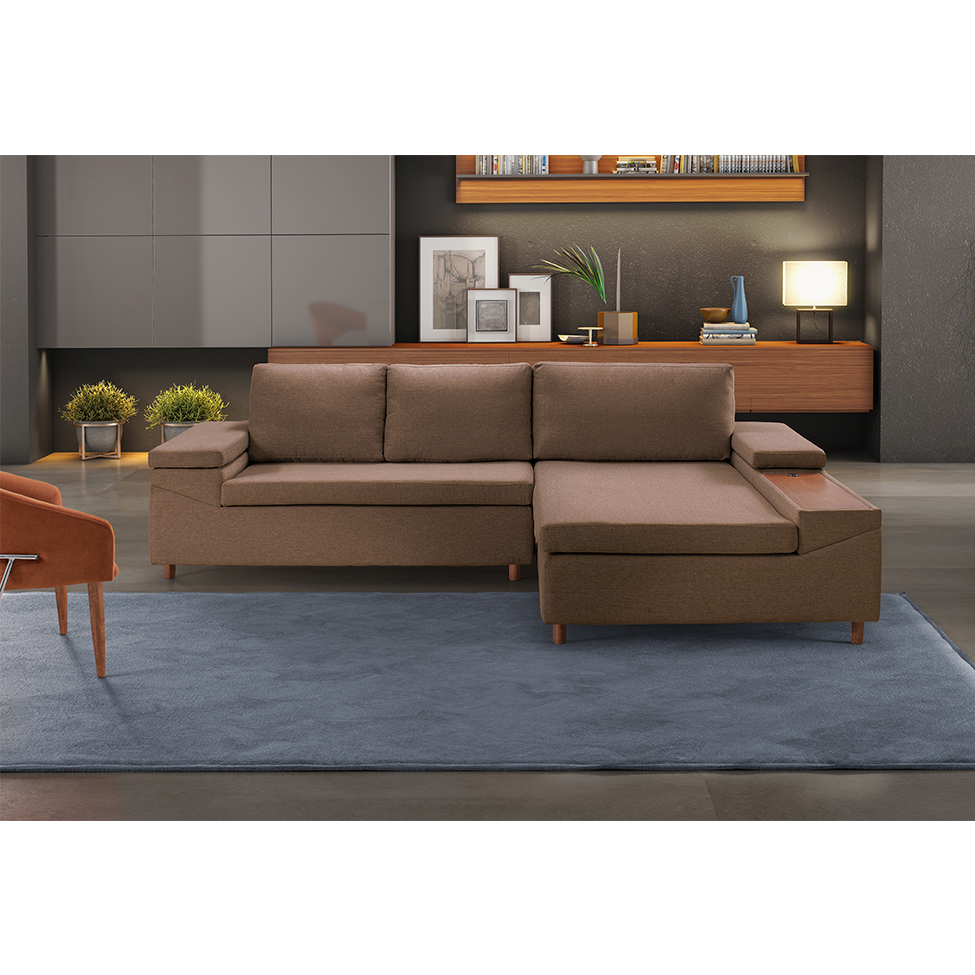 Sofá 5 Lugares com Chaise Direito Clássico com Entrada USB Linho Marrom