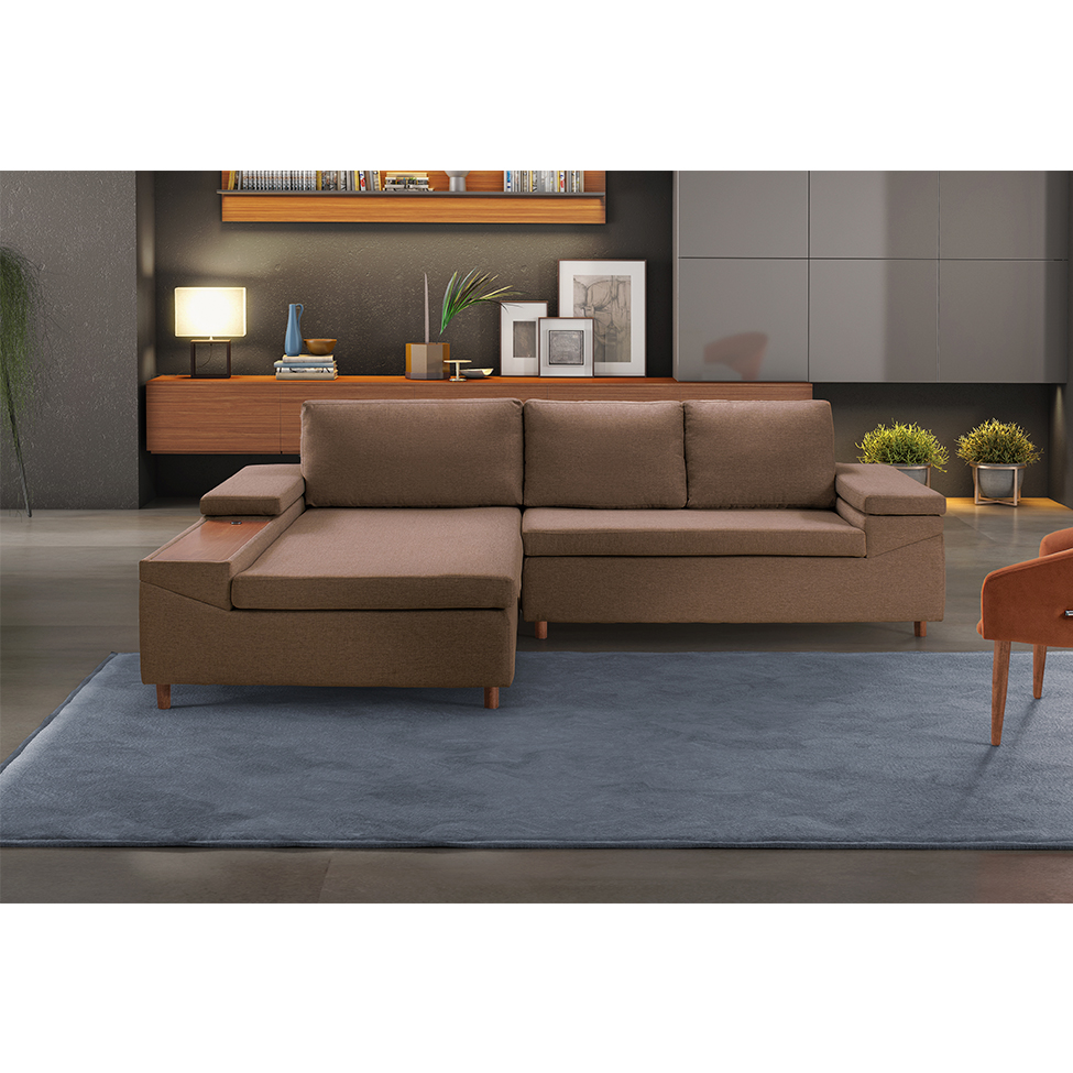 Sofá 5 Lugares com Chaise Esquerdo Clássico com Entrada USB Linho Marrom