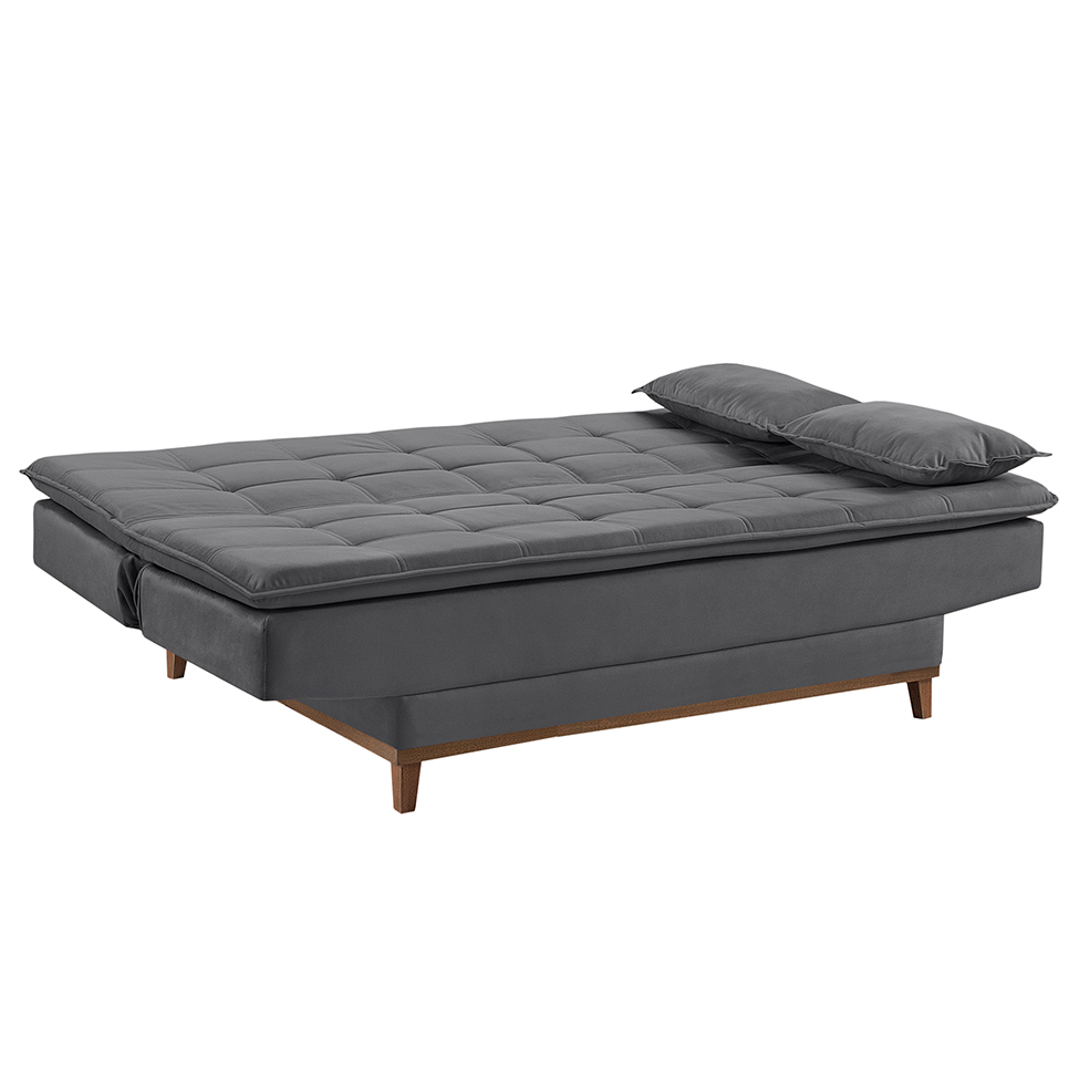 Sofá-Cama Casal 3 Lugares Luna Veludo Base e Pés de Madeira Cinza