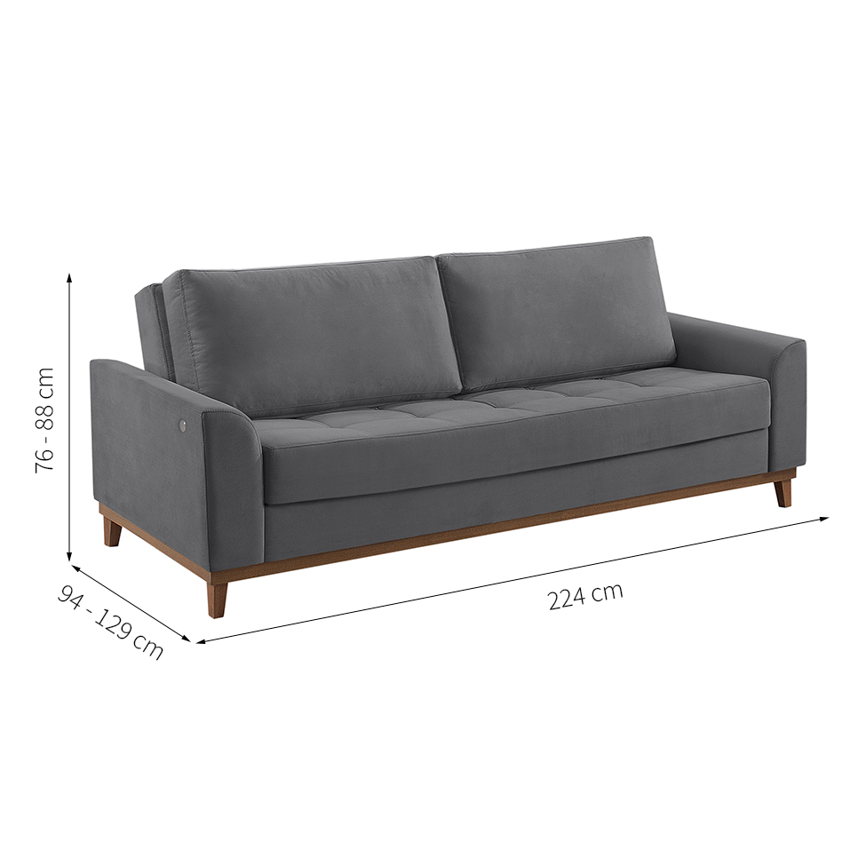 Sofá Living Casal 3 Lugares Alegra II com Entrada USB Cinza