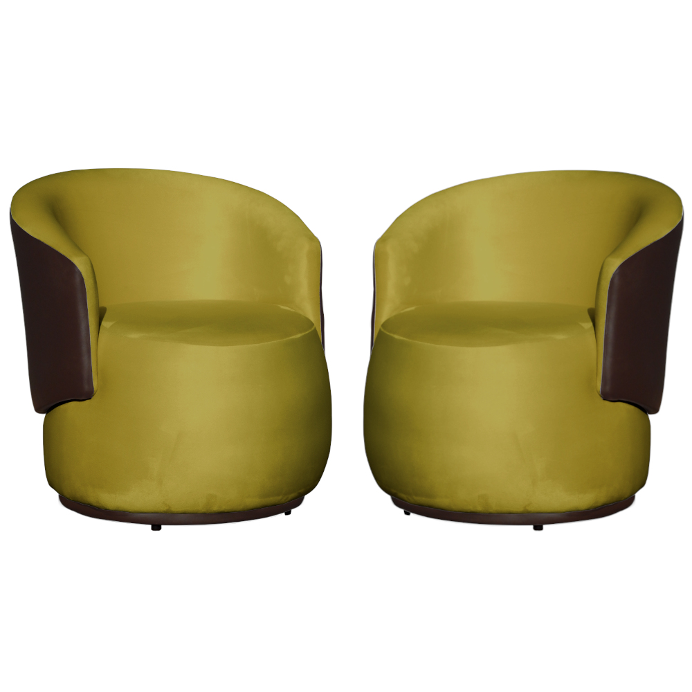 Kit 02 Poltronas Orgânico Beatriz Mostarda Marrom Com Composê Corino Marrom