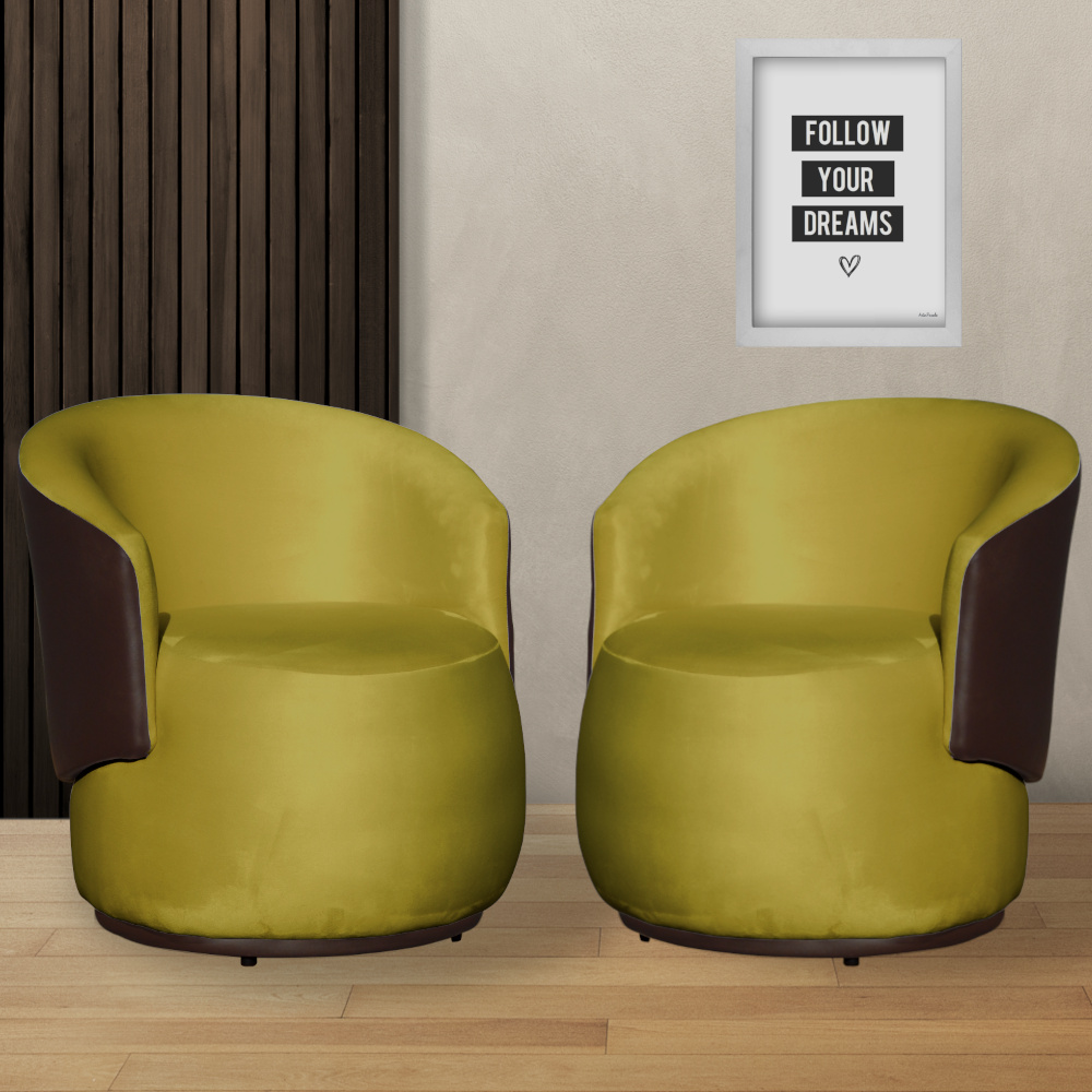 Kit 02 Poltronas Orgânico Beatriz Mostarda Marrom Com Composê Corino Marrom