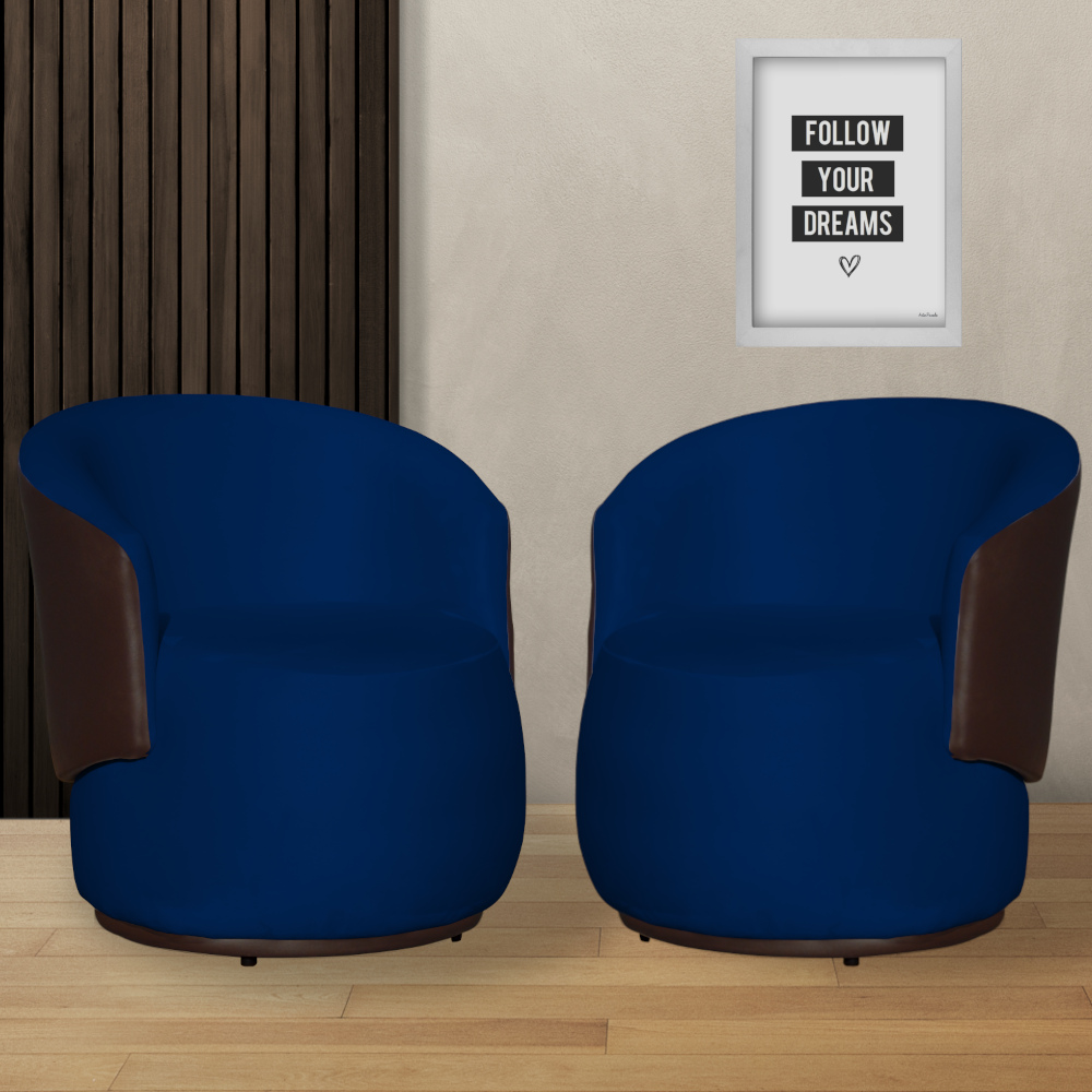 Kit 02 Poltronas Orgânico Beatriz Veludo Azul Marinho Com Composê Corino Marrom