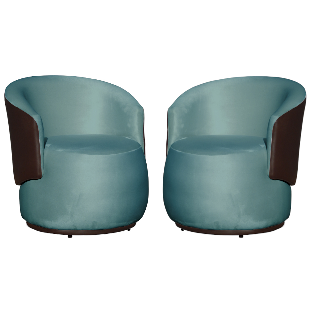 Kit 02 Poltronas Orgânico Beatriz Veludo Azul Turquesa Com Composê Corino Marrom