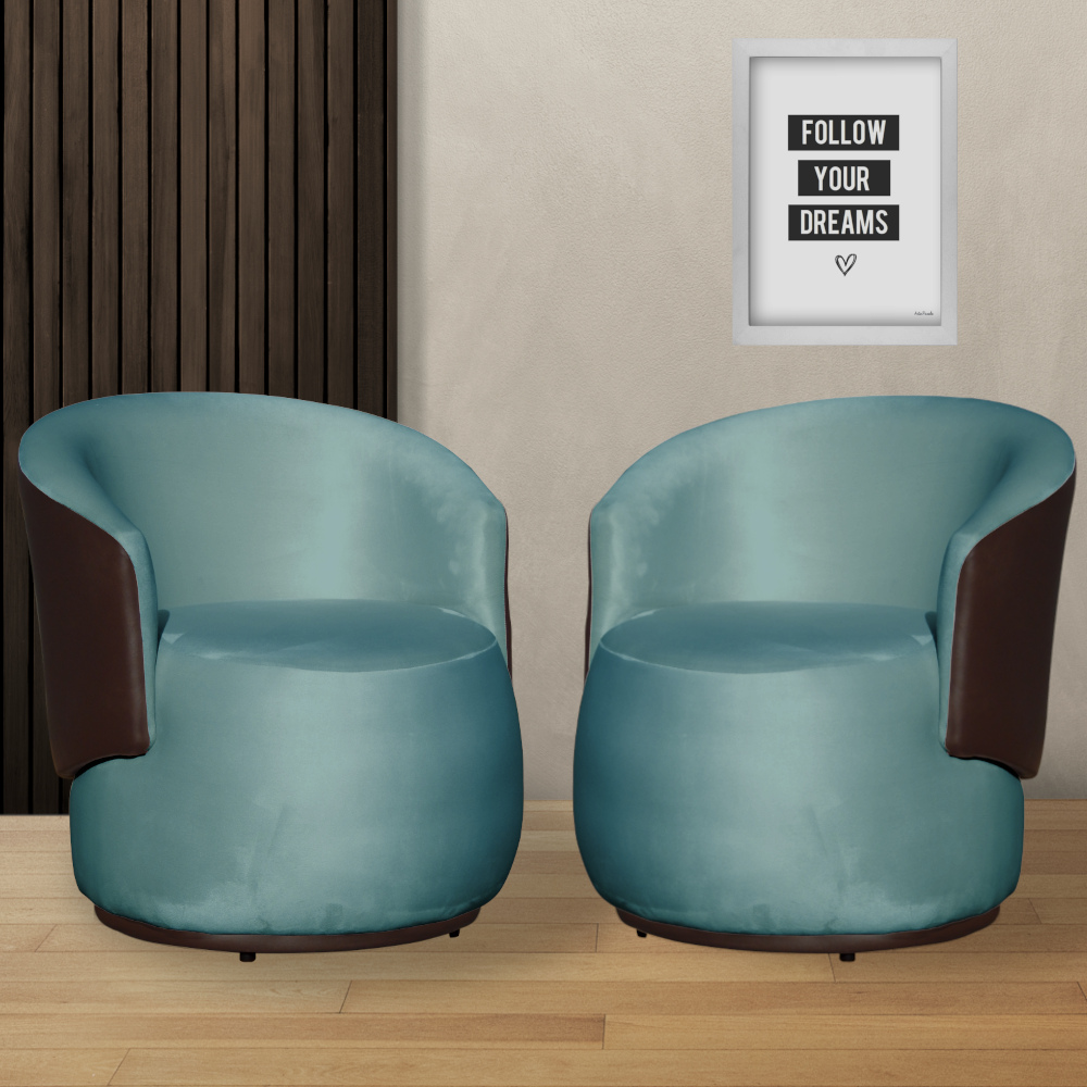 Kit 02 Poltronas Orgânico Beatriz Veludo Azul Turquesa Com Composê Corino Marrom