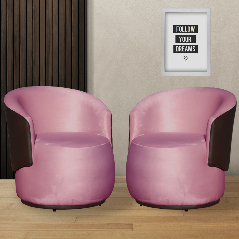 Kit 02 Poltronas Orgânico Beatriz Veludo Rosa Bebê Com Composê Corino Marrom