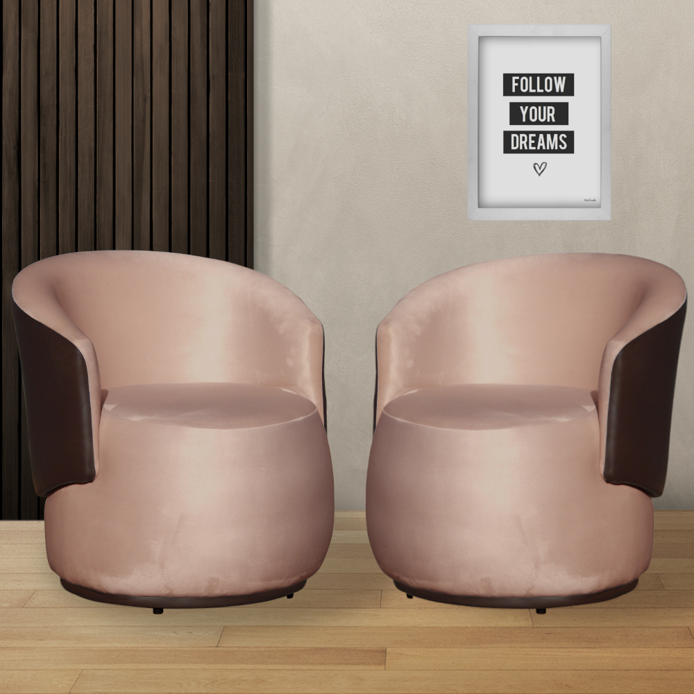 Kit 02 Poltronas Orgânico Beatriz Veludo Rosa Com Composê Corino Marrom