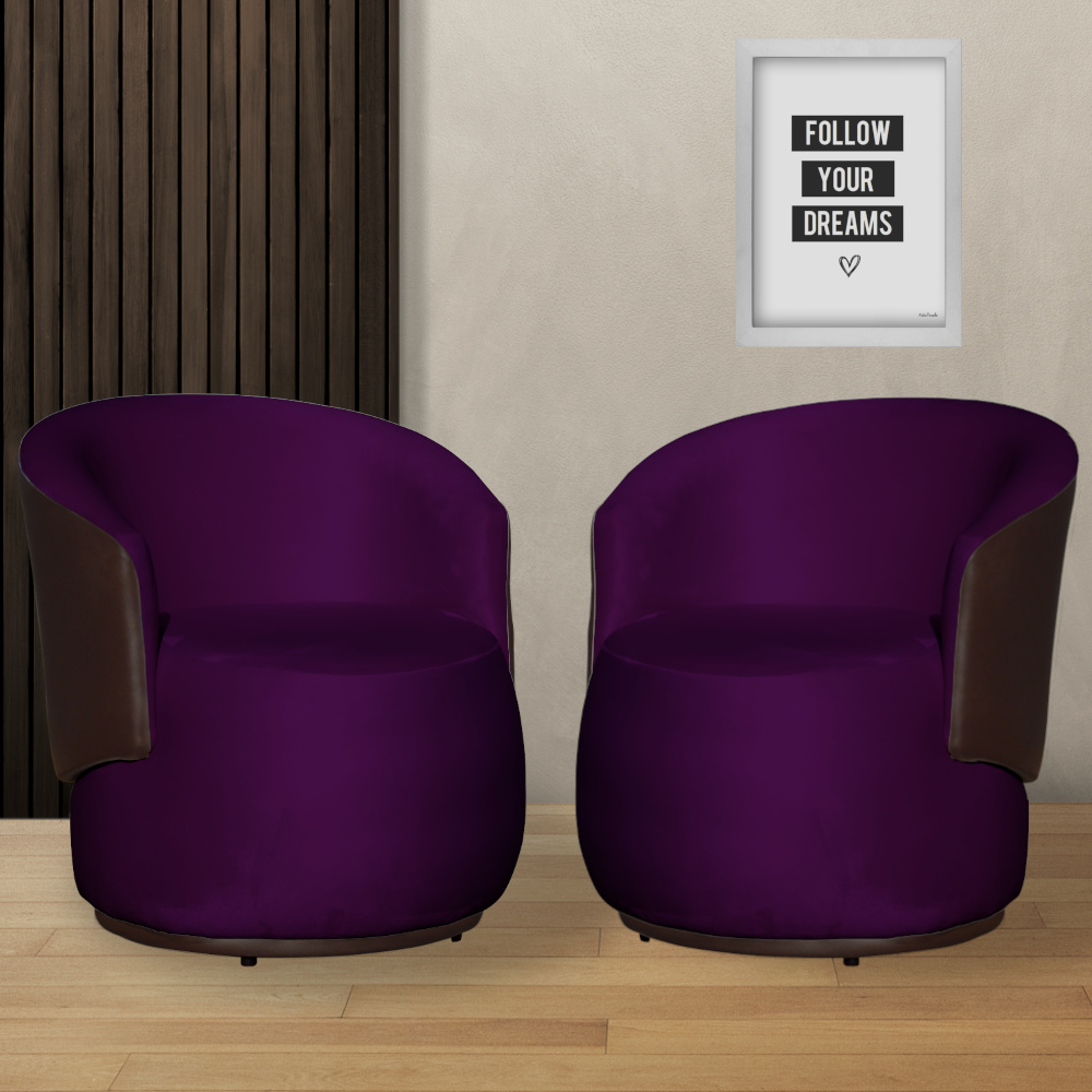 Kit 02 Poltronas Orgânico Beatriz Veludo Roxo Com Composê Corino Marrom